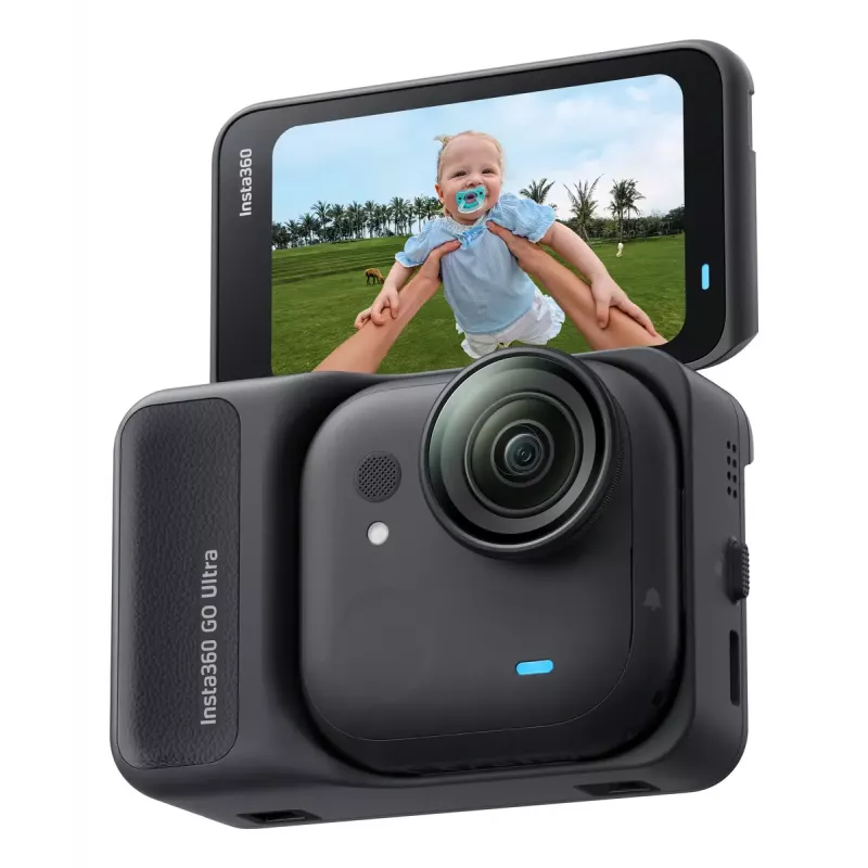 Action-Sportkamera Insta360 GO Ultra Standard Schwarz – 4K Ultra HD 3840×2880, 1/1,28-Zoll-Sensor, 240 fps, Wi‑Fi, integrierte Anzeige, MicroSD, 52,9 g