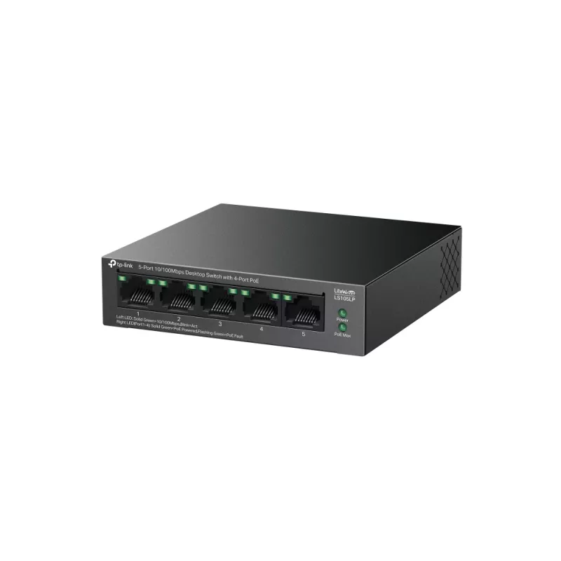 Unmanaged Switch TP-LINK LS105P, 5x Fast Ethernet (10/100) Ports, 4x PoE-Ports, 1 Gbit/s Switching-Kapazität, lüfterlos, schwarz