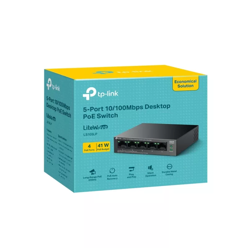 Unmanaged Switch TP-LINK LS105P, 5x Fast Ethernet (10/100) Ports, 4x PoE-Ports, 1 Gbit/s Switching-Kapazität, lüfterlos, schwarz
