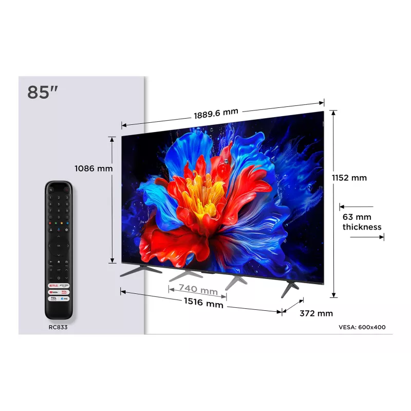 Smart TV TCL 85P89K 85 Zoll (216 cm) QLED 4K UHD, Google TV, HDR10+, 450 cd/m², 3840×2160