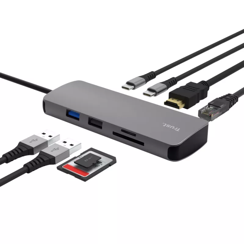 USB Typ-C Hub TRUST 25672 — HDMI, RJ-45, USB 3.2 Gen 1 Typ-A/Typ-C, SD/MicroSD, grau