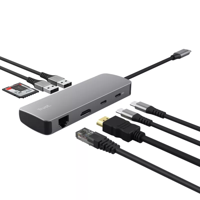 USB Typ-C Hub TRUST 25672 — HDMI, RJ-45, USB 3.2 Gen 1 Typ-A/Typ-C, SD/MicroSD, grau
