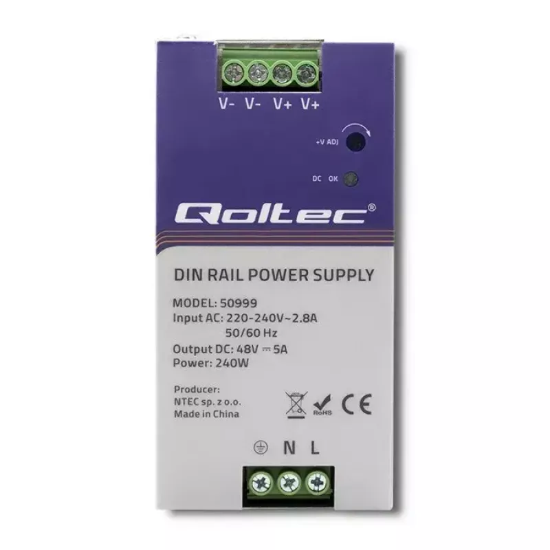DIN rail power supply QOLTEC 50999, 240W, 48V DC, 5A output