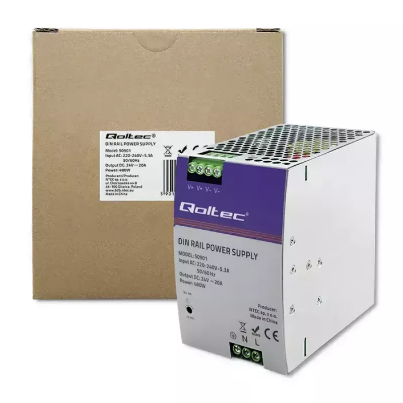Industrielles DIN-Schienen-Netzteil QOLTEC 50901 — 480W, 24V DC, 20A