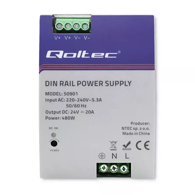 Industrielles DIN-Schienen-Netzteil QOLTEC 50901 — 480W, 24V DC, 20A