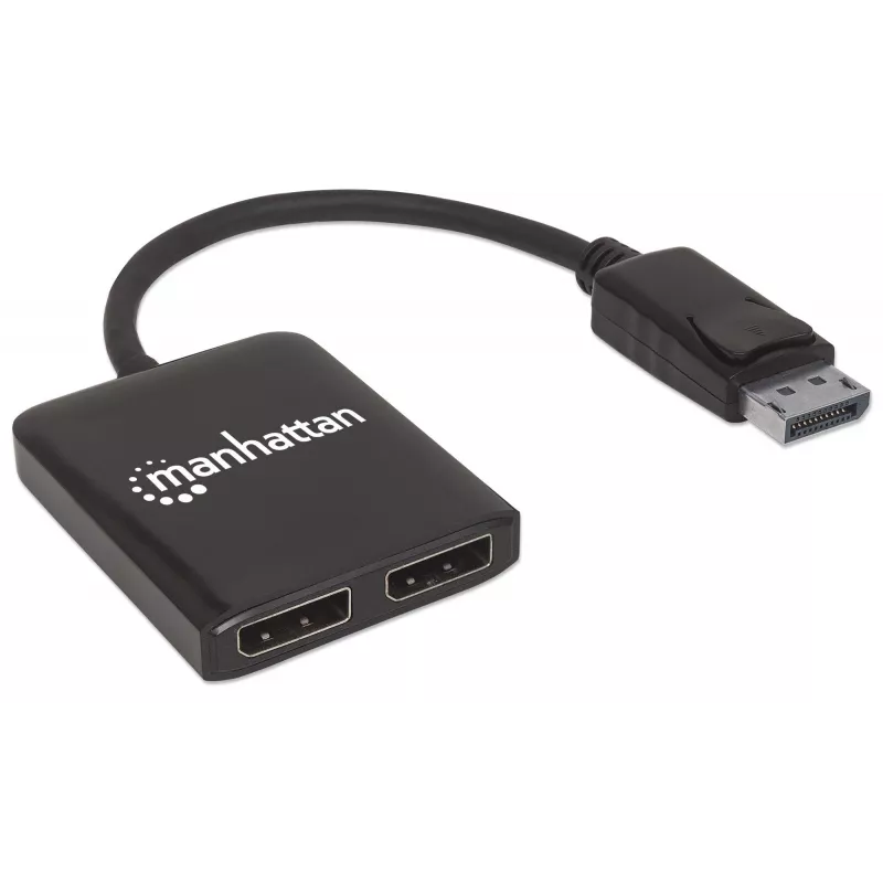 Manhattan DisplayPort 1.2 auf 2-Port DisplayPort 1.2 Splitter-Hub mit MST, 4K@30Hz, USB-A-Stromversorgung, Videowandfunktion, Schwarz, MST = Multi-Stream-Transport, 3 Jahre Garantie