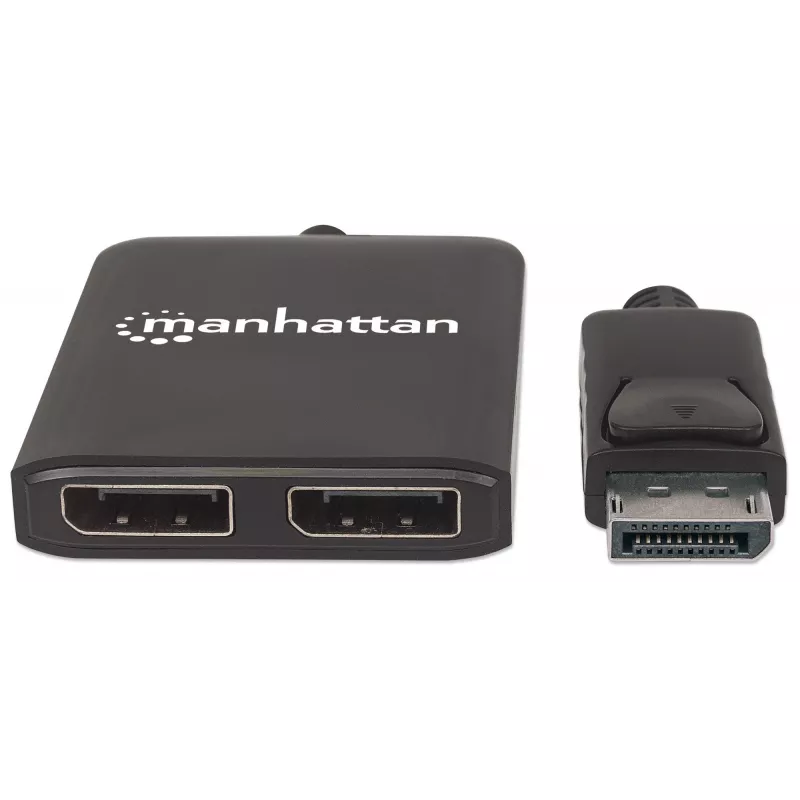 Manhattan DisplayPort 1.2 auf 2-Port DisplayPort 1.2 Splitter-Hub mit MST, 4K@30Hz, USB-A-Stromversorgung, Videowandfunktion, Schwarz, MST = Multi-Stream-Transport, 3 Jahre Garantie