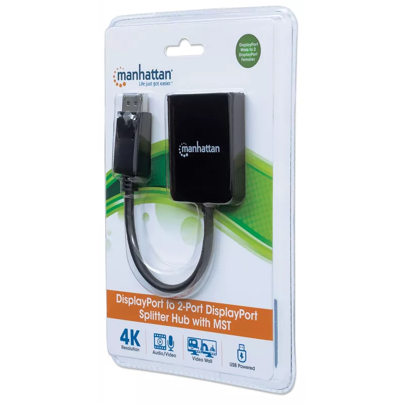 Manhattan DisplayPort 1.2 auf 2-Port DisplayPort 1.2 Splitter-Hub mit MST, 4K@30Hz, USB-A-Stromversorgung, Videowandfunktion, Schwarz, MST = Multi-Stream-Transport, 3 Jahre Garantie