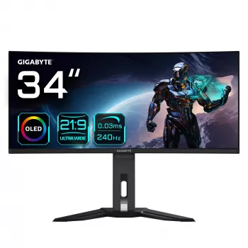 GIGABYTE MO34WQC2 34 Zoll OLED WQHD Curved Gaming Monitor - 3440 x 1440, 240Hz, 0,03ms, KVM, 250 cd/m², FreeSync Premium Pro, DisplayHDR True Black 400, HDMI 2.1, DisplayPort 1.4