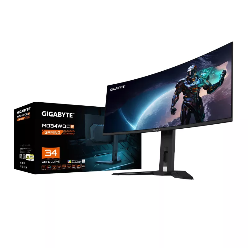 GIGABYTE MO34WQC2 34 Zoll OLED WQHD Curved Gaming Monitor - 3440 x 1440, 240Hz, 0,03ms, KVM, 250 cd/m², FreeSync Premium Pro, DisplayHDR True Black 400, HDMI 2.1, DisplayPort 1.4