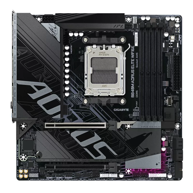 GIGABYTE B840M AORUS ELITE WIFI6E Mainboard - AMD Ryzen 9000 CPUs, 10+2+2 Phasen VRM, bis zu 8200MHz DDR5(O.C), 2xPCIe 4.0 M.2, Wi-Fi 6E, 2.5GbE LAN, USB 3.2 Gen 2