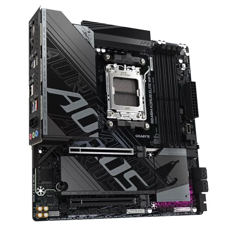 GIGABYTE B840M AORUS ELITE WIFI6E Mainboard - AMD Ryzen 9000 CPUs, 10+2+2 Phasen VRM, bis zu 8200MHz DDR5(O.C), 2xPCIe 4.0 M.2, Wi-Fi 6E, 2.5GbE LAN, USB 3.2 Gen 2