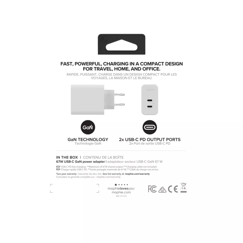 mophie Accessories-Wandadapter-USB-C-PD-DUAL-67W-GAN-Weiß-EU (2xUSBC)