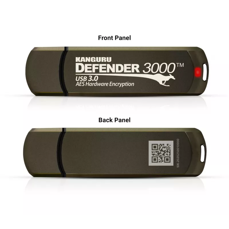 Kanguru Defender 3000™ SuperSpeed USB 3.0 | Sicherer USB-Stick | FIPS 140-3 Level 3 beantragt, FIPS 140-2 Level 3 zertifiziert | AES-XTS 256-Bit-Hardwareverschlüsselung | TAA-konform