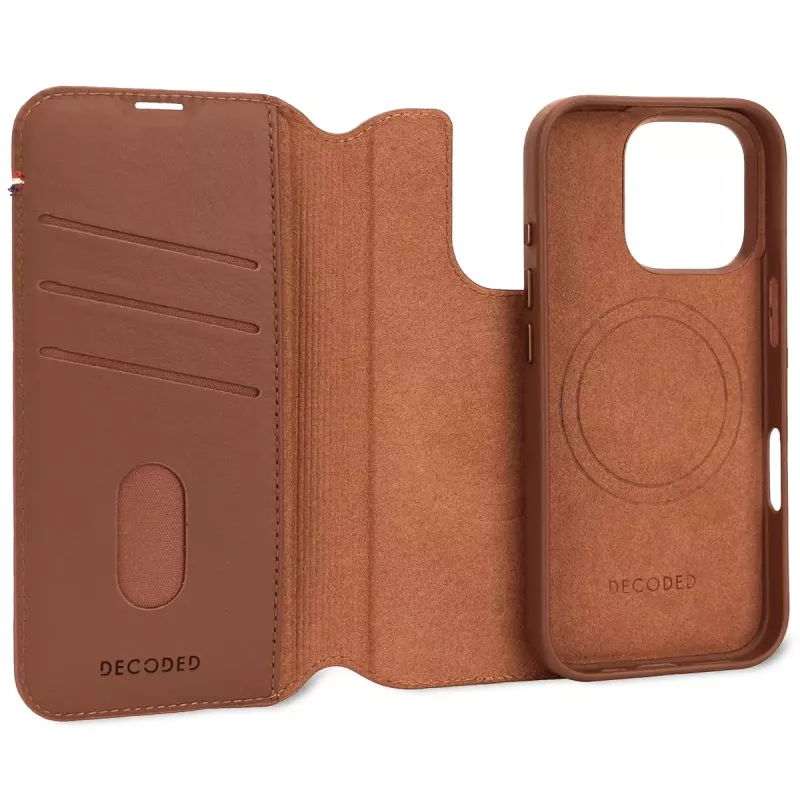 Decoded Abnehmbare Leder-Brieftaschen-Handyhülle für iPhone 16 Pro – Braun, echtes Leder, Mikrofaser, 6,3-Zoll-Bildschirm, 3 Kartenfächer