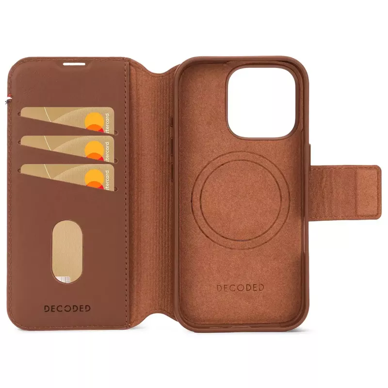 Decoded Abnehmbare Leder-Brieftaschen-Handyhülle für iPhone 16 Pro – Braun, echtes Leder, Mikrofaser, 6,3-Zoll-Bildschirm, 3 Kartenfächer