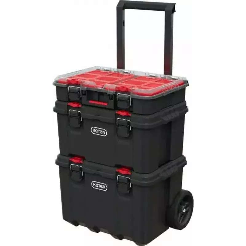 Stapelbare Aufbewahrungsboxen Keter 250927 — Set mit 3 stapelbaren Technopolymer-Organizern mit Rollen und Schloss, 525×694×411 mm, schwarz