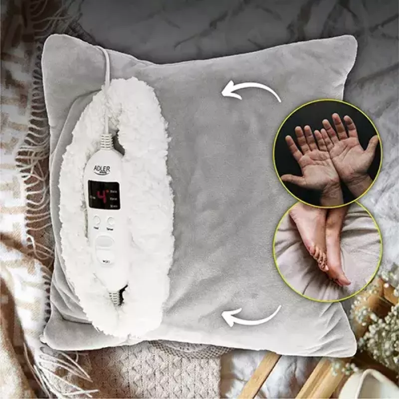 Elektrische Wärmedecke Adler AD 7412 — Fleece-Überwurf für 1 Person, 80 W, 8 Heizstufen, waschbar, Timer, grau