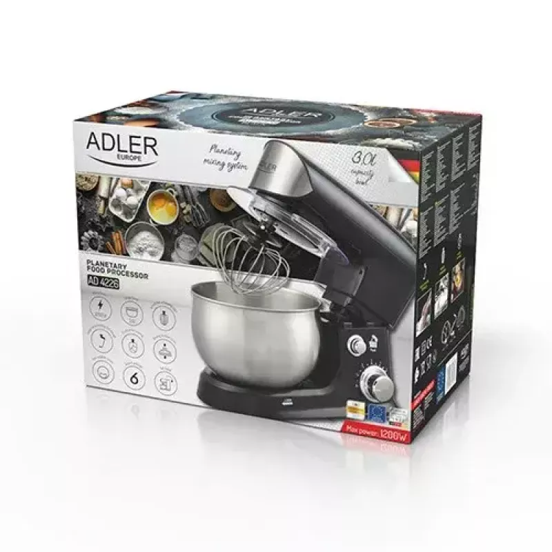 Küchenmaschine Adler AD 4226b — 700 W (max 1200 W), 3 L Edelstahlschüssel, 6 Geschwindigkeiten, Planetenrührwerk