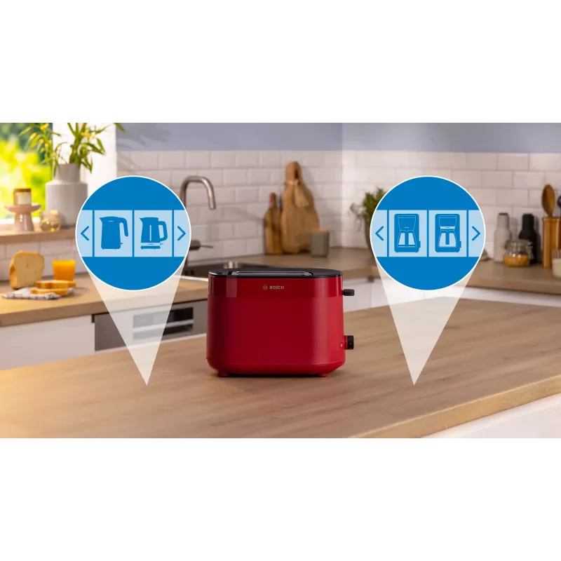 Toaster Bosch TAT2M124 — 2-Scheiben 950 W, rot, Brotzentrierung, Auftauen, Lift