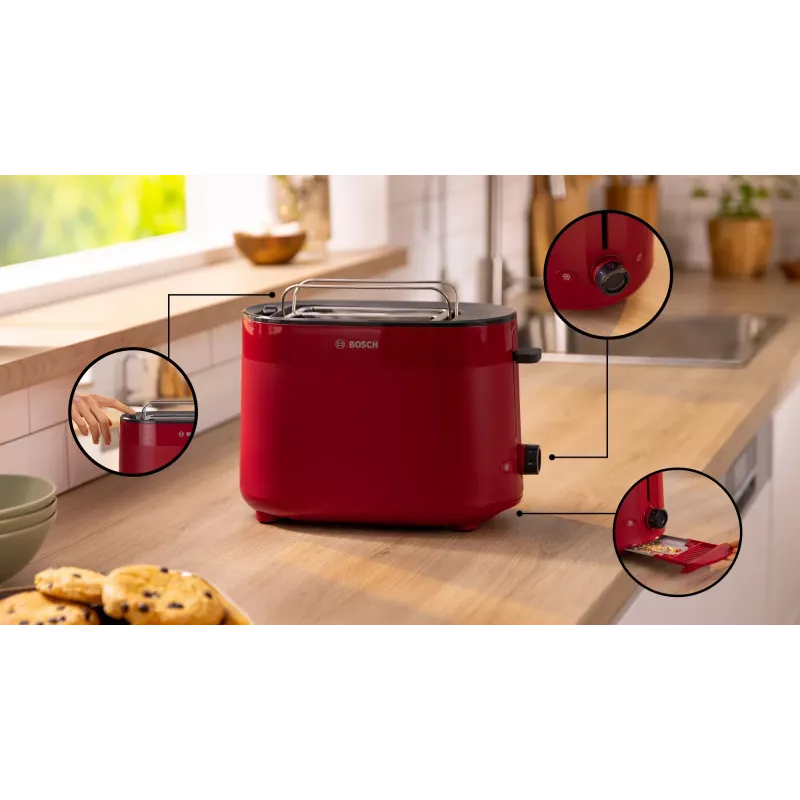 Toaster Bosch TAT2M124 — 2-Scheiben 950 W, rot, Brotzentrierung, Auftauen, Lift