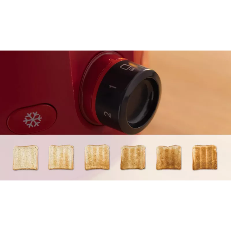 Toaster Bosch TAT2M124 — 2-Scheiben 950 W, rot, Brotzentrierung, Auftauen, Lift