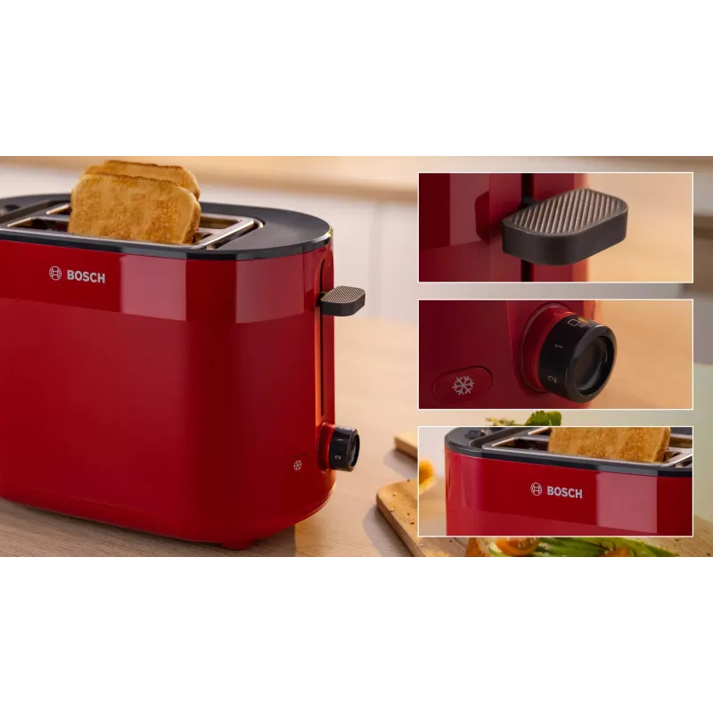 Toaster Bosch TAT2M124 — 2-Scheiben 950 W, rot, Brotzentrierung, Auftauen, Lift