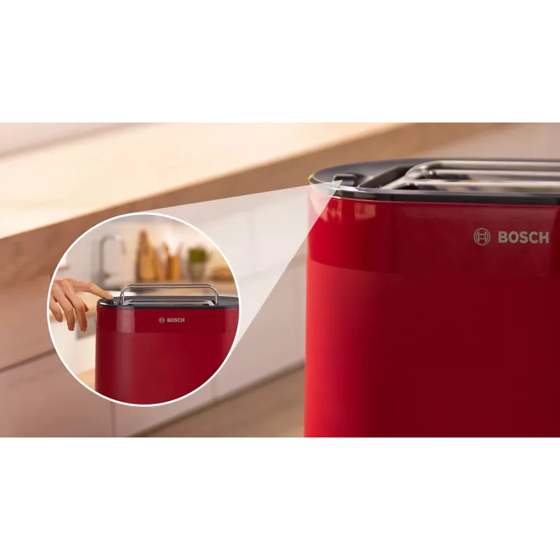 Toaster Bosch TAT2M124 — 2-Scheiben 950 W, rot, Brotzentrierung, Auftauen, Lift