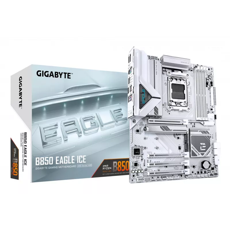 GIGABYTE B850 EAGLE ICE Mainboard - AMD Ryzen 9000 Series CPUs, 8+2+2 Phasen Digital VRM, bis zu 8200MHz DDR5 (O.C), 1xPCIe 5.0 + 2xPCIe 4.0 M.2, 2.5 GbE LAN, USB 3.2 Gen 2