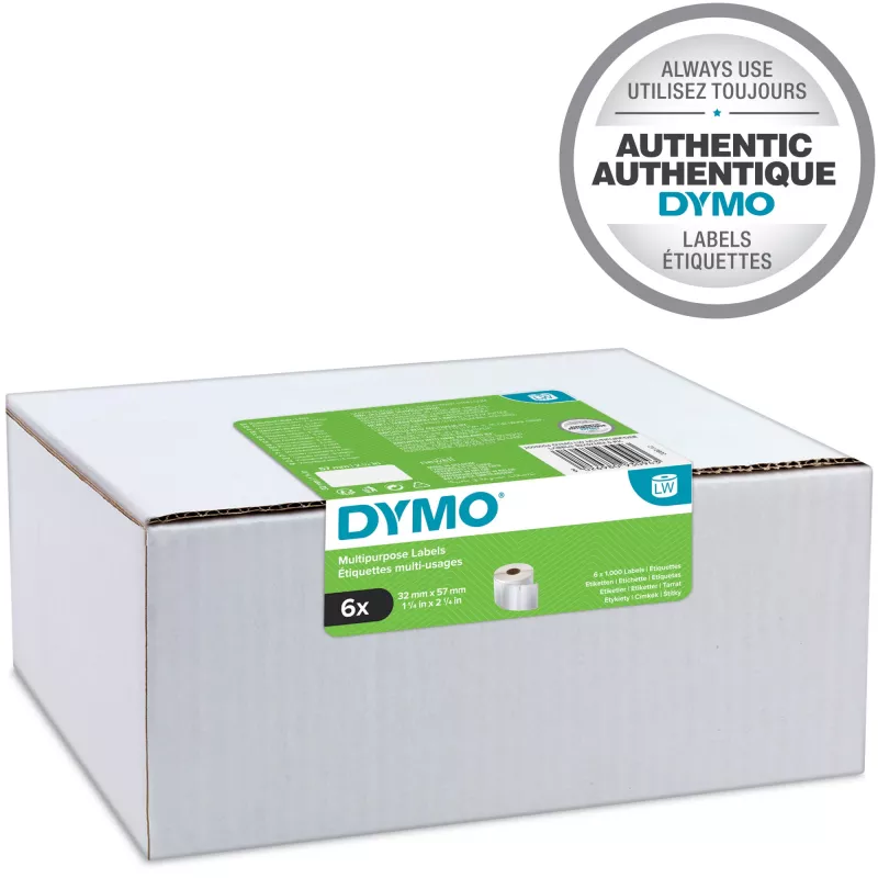 DYMO Authentic LabelWriter Mehrzwecketiketten 32 mm x 57 mm 6 Rollen mit 1.000 leicht ablösbaren Etiketten (6.000 Stück) Selbstklebend für LabelWriter-Etikettendrucker