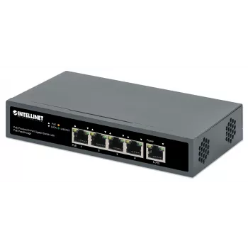 Intellinet 5-Port Gigabit Switch mit PoE Passthrough, ein IEEE 802.3bt (PoE++ / 4PPoE) PD PoE Port mit 95 W Leistungsaufnahme, vier PSE PoE Ports, PoE Leistungsbudget bis zu 65 W, IEEE 802.3at/af konformer Ausgang, Desktop, Option zur Wandmontage