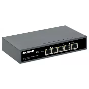 Intellinet 5-Port Gigabit Switch mit PoE Passthrough, ein IEEE 802.3bt (PoE++ / 4PPoE) PD PoE Port mit 95 W Leistungsaufnahme, vier PSE PoE Ports, PoE Leistungsbudget bis zu 65 W, IEEE 802.3at/af konformer Ausgang, Desktop, Option zur Wandmontage