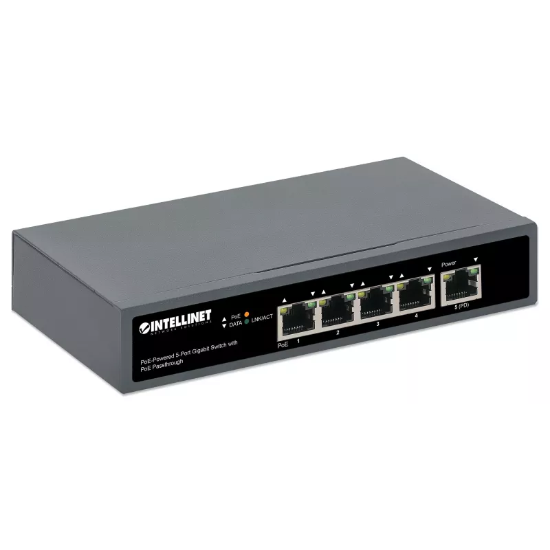 Intellinet 5-Port Gigabit Switch mit PoE Passthrough, ein IEEE 802.3bt (PoE++ / 4PPoE) PD PoE Port mit 95 W Leistungsaufnahme, vier PSE PoE Ports, PoE Leistungsbudget bis zu 65 W, IEEE 802.3at/af konformer Ausgang, Desktop, Option zur Wandmontage
