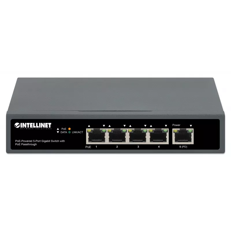 Intellinet 5-Port Gigabit Switch mit PoE Passthrough, ein IEEE 802.3bt (PoE++ / 4PPoE) PD PoE Port mit 95 W Leistungsaufnahme, vier PSE PoE Ports, PoE Leistungsbudget bis zu 65 W, IEEE 802.3at/af konformer Ausgang, Desktop, Option zur Wandmontage