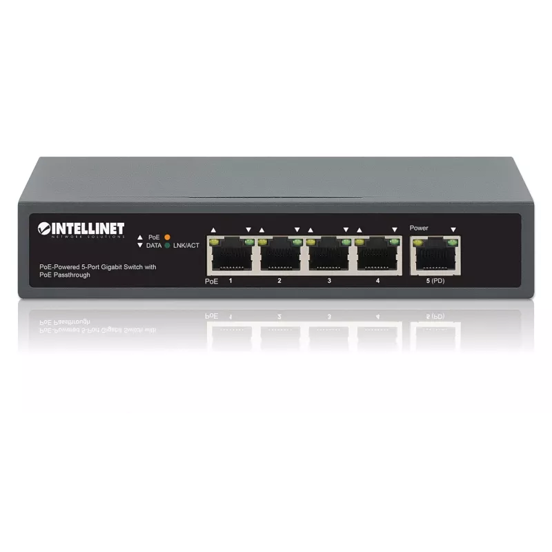 Intellinet 5-Port Gigabit Switch mit PoE Passthrough, ein IEEE 802.3bt (PoE++ / 4PPoE) PD PoE Port mit 95 W Leistungsaufnahme, vier PSE PoE Ports, PoE Leistungsbudget bis zu 65 W, IEEE 802.3at/af konformer Ausgang, Desktop, Option zur Wandmontage