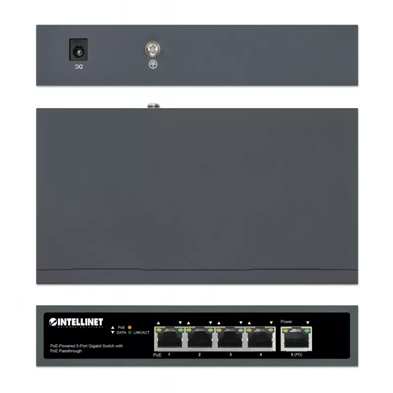 Intellinet 5-Port Gigabit Switch mit PoE Passthrough, ein IEEE 802.3bt (PoE++ / 4PPoE) PD PoE Port mit 95 W Leistungsaufnahme, vier PSE PoE Ports, PoE Leistungsbudget bis zu 65 W, IEEE 802.3at/af konformer Ausgang, Desktop, Option zur Wandmontage