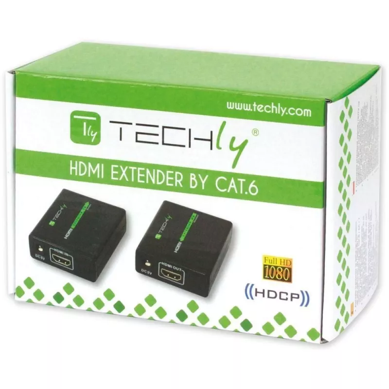 AV-Sender und -Empfänger TECHLY IDATA EXT-E70 — HDMI-Verlängerung über Cat6/6a/7-Kabel, Full HD 1920x1080, 60 m, 10,2 Gbit/s, HDCP, schwarz