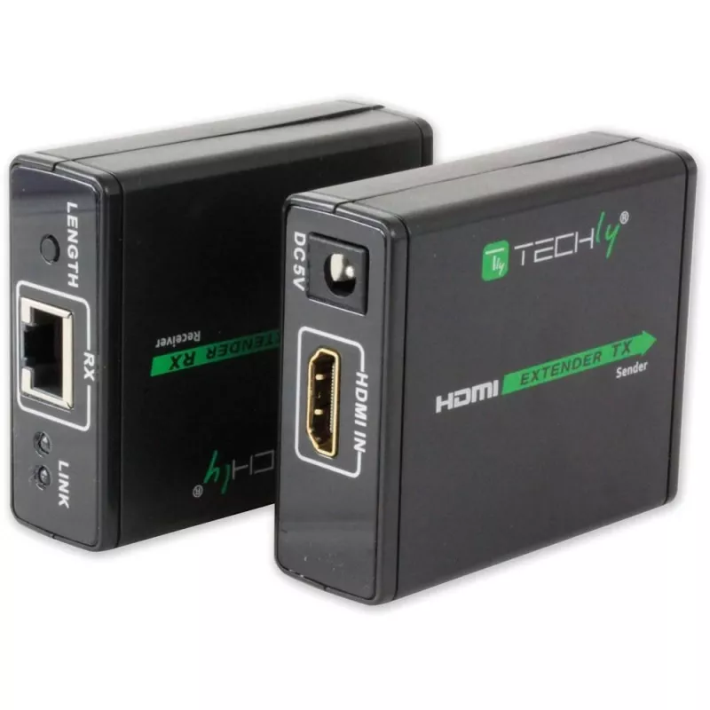 AV-Sender und -Empfänger TECHLY IDATA EXT-E70 — HDMI-Verlängerung über Cat6/6a/7-Kabel, Full HD 1920x1080, 60 m, 10,2 Gbit/s, HDCP, schwarz
