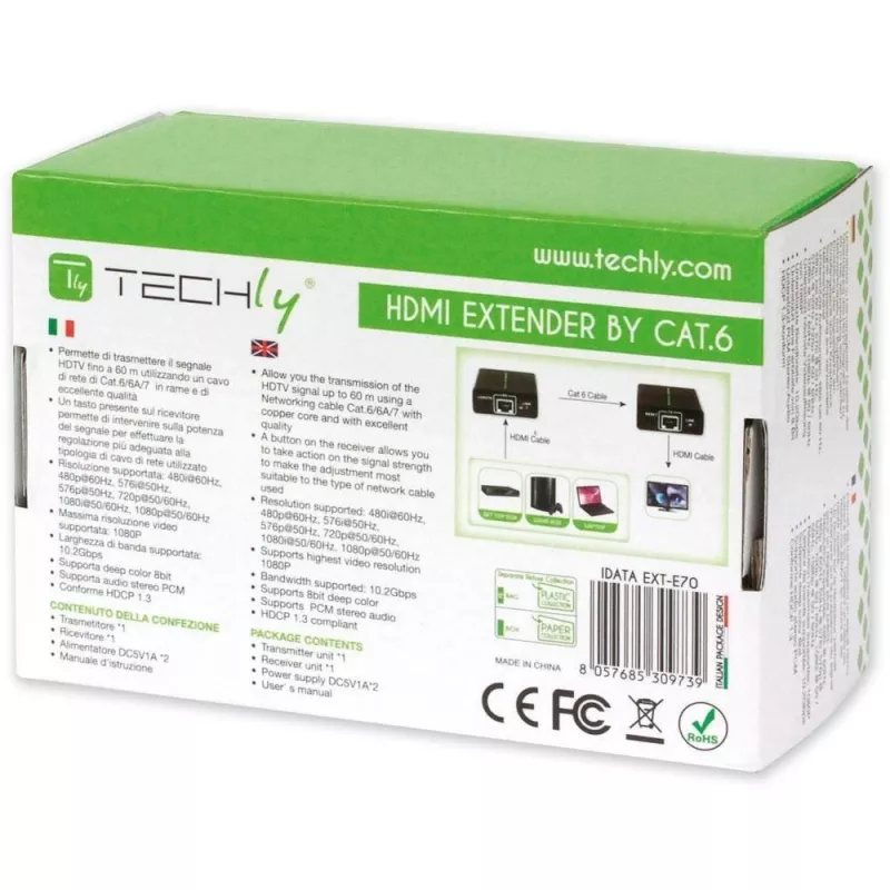 AV-Sender und -Empfänger TECHLY IDATA EXT-E70 — HDMI-Verlängerung über Cat6/6a/7-Kabel, Full HD 1920x1080, 60 m, 10,2 Gbit/s, HDCP, schwarz