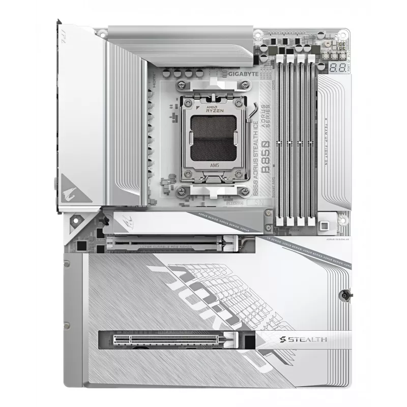 GIGABYTE B850 AORUS STEALTH ICE ATX-Mainboard für AMD Sockel AM5 — B850, 14+2+2 VRM, DDR5 bis 8200 MHz (OC), 2×PCIe5, 2×PCIe4 M.2, Wi‑Fi 7, 5GbE