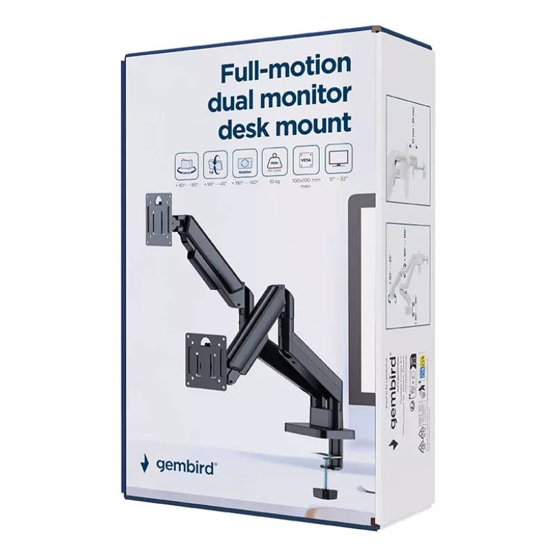 GEMBIRD Schreibtischmontierter verstellbarer Doppelmonitorarm 17-32 Zoll, Schwarz