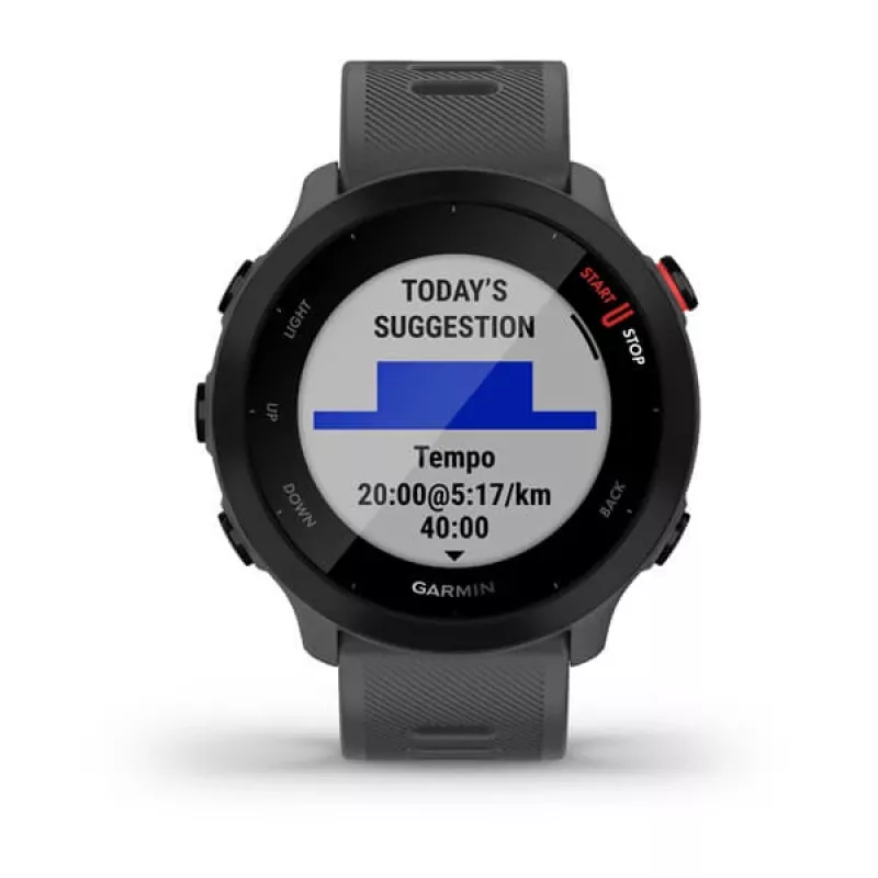 Smartwatch GARMIN Forerunner 55, rund 42 mm Gehäuse, grau, Silikonarmband, GPS/GLONASS/Galileo, 5 ATM Wasserdichtigkeit