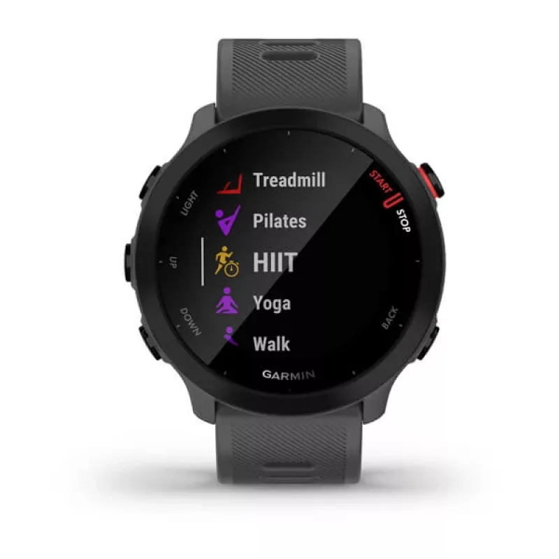 Smartwatch GARMIN Forerunner 55, rund 42 mm Gehäuse, grau, Silikonarmband, GPS/GLONASS/Galileo, 5 ATM Wasserdichtigkeit