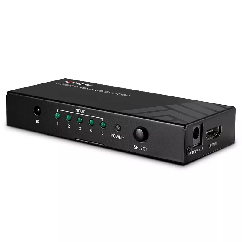Lindy 5 Port HDMI 18G Switch, HDMI, Metall, Schwarz, 18 Gbit/s, RF, 4K Ultra HD
