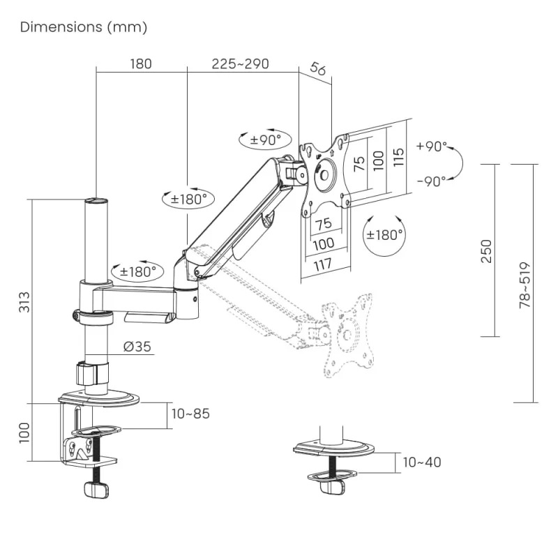 GEMBIRD Verstellbarer Schreibtisch-Display-Montagearm, 17-32 Zoll Schwarz