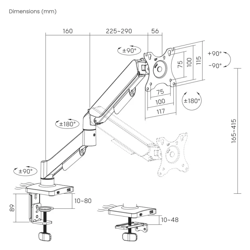 Schreibtisch-Monitorhalterung Gembird MA-DA1U-01 für Bildschirme bis 32 Zoll (81,3 cm), max. 9 kg, VESA 75x75–100x100, schwarz