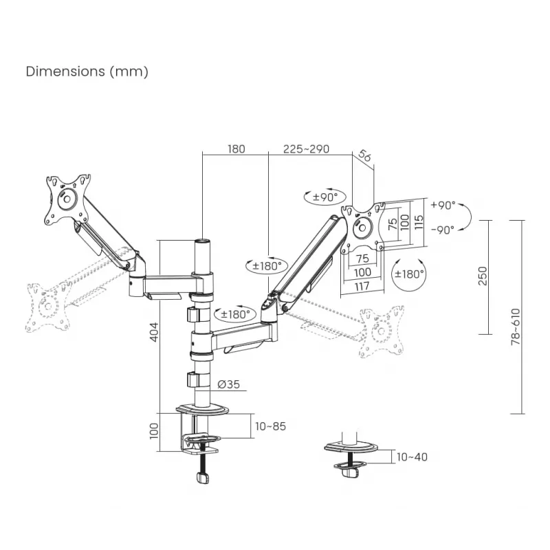 Monitor-Tischhalterung Gembird MA-DA2P-02 für 2 Bildschirme, bis 81,3 cm (32 Zoll), VESA 75x75–100x100, max. Gewicht 9 kg pro Bildschirm, Klemme/Tischdurchführung, schwarz