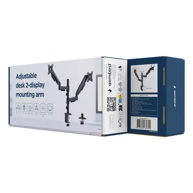 Monitor-Tischhalterung Gembird MA-DA2P-02 für 2 Bildschirme, bis 81,3 cm (32 Zoll), VESA 75x75–100x100, max. Gewicht 9 kg pro Bildschirm, Klemme/Tischdurchführung, schwarz