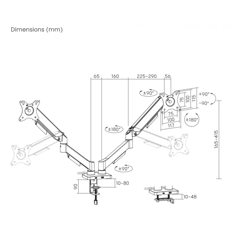 GEMBIRD Verstellbarer Tisch-Monitorarm für zwei Bildschirme mit USB-Anschlüssen, 43,2-81,3 cm (17-32 Zoll)