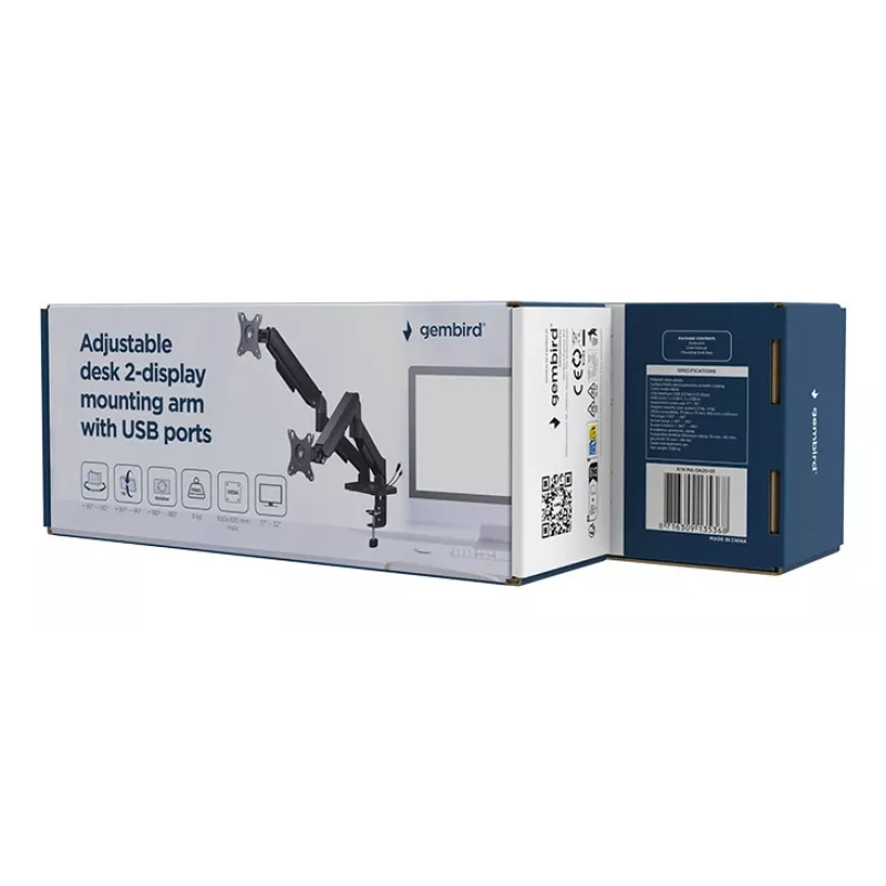 GEMBIRD Verstellbarer Tisch-Monitorarm für zwei Bildschirme mit USB-Anschlüssen, 43,2-81,3 cm (17-32 Zoll)